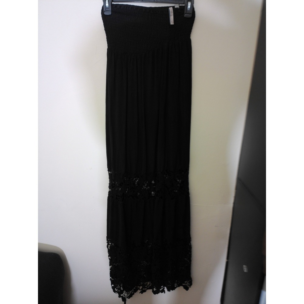 Guess Maxi Dress Women XS Black Strapless Smocked Crochet Boho Festival 2040